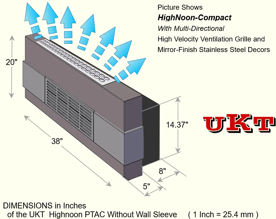 DIMENSIONS of HighNoon HVAC Compact PTAC Air Conditioner Without External Condenser For Hotels and Commercial